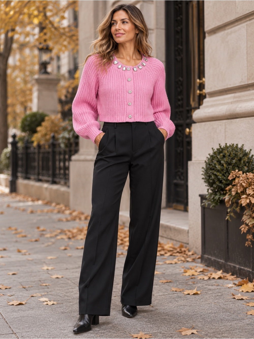 Cinq à Sept Millie Pink Crystal Embellished Cropped Cardigan L